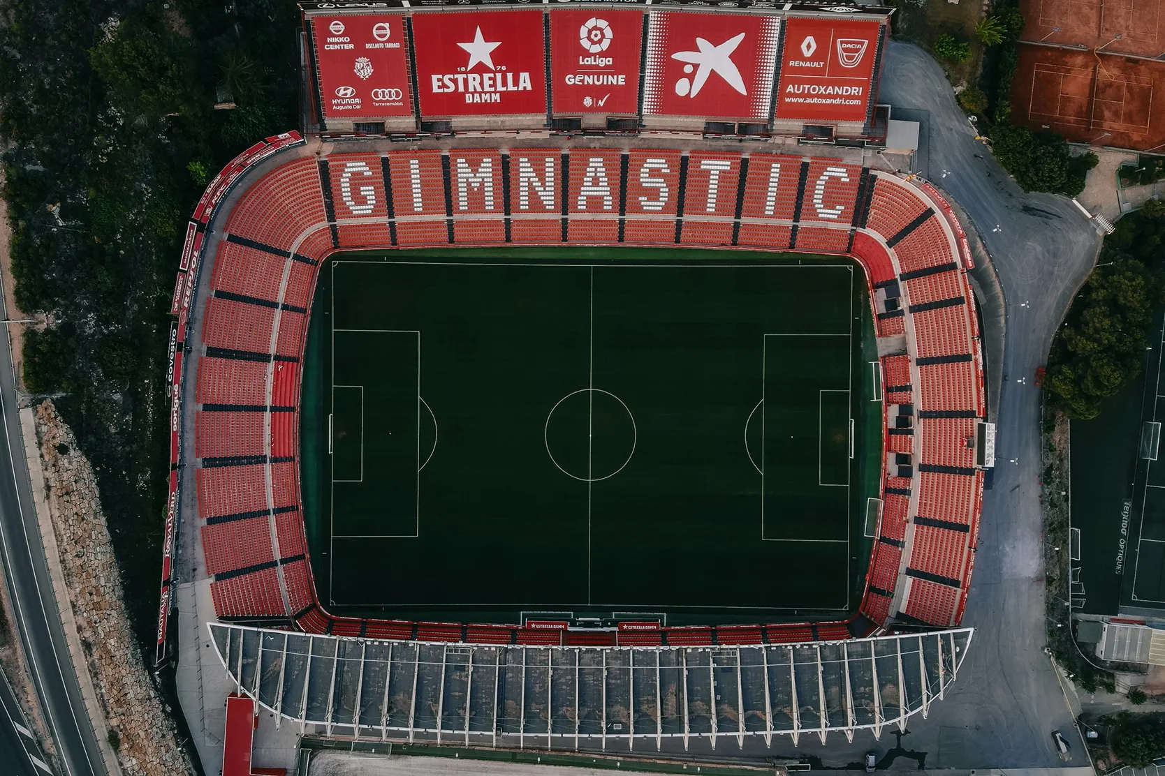 A bird’s-eye view of Gimnàstic de Tarragona’s football stadium called Nou Estadi Costa Daurada