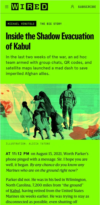 WIRED mobile feature page for “Inside the Shadow Evacuation of Kabul”, themed in bright green with an illustration of a family walking