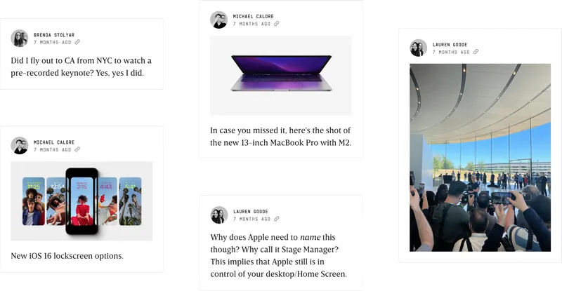 Five posts from WIRED’s Apple WWDC 2022 live story by Brenda Stolyar, Michael Calore and Lauren Goode, including the new 13-inch MacBook Pro with M2, iOS 16 lock screen options and a crowd photographing the keynote venue