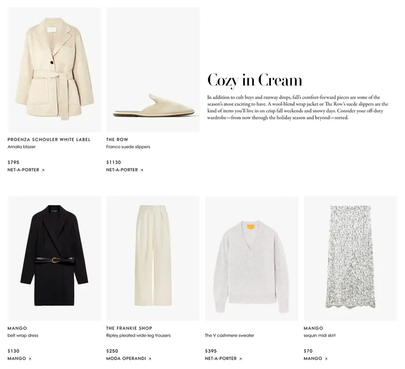 Vogue product listing page with a “Cozy in Cream” edit: a grid of women’s fashion items including a belted cream blazer, suede slippers, a black wrap dress, wide-leg trousers, a cashmere sweater and a sequin midi skirt, each with brand, price and retailer