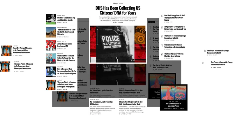 A WIRED homepage section built from layout primitives, with its pieces pulled out around it: the “DHS Has Been Collecting US Citizens’ DNA for Years” lead, a story list, the trending list and a big story card