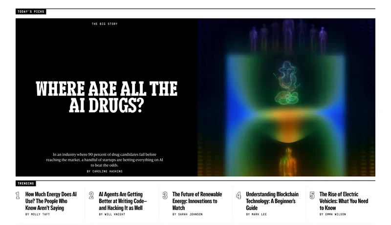 WIRED “Today’s Picks” homepage section with a “Where Are All the AI Drugs?” lead story beside a glowing illustration, above a row of five trending stories